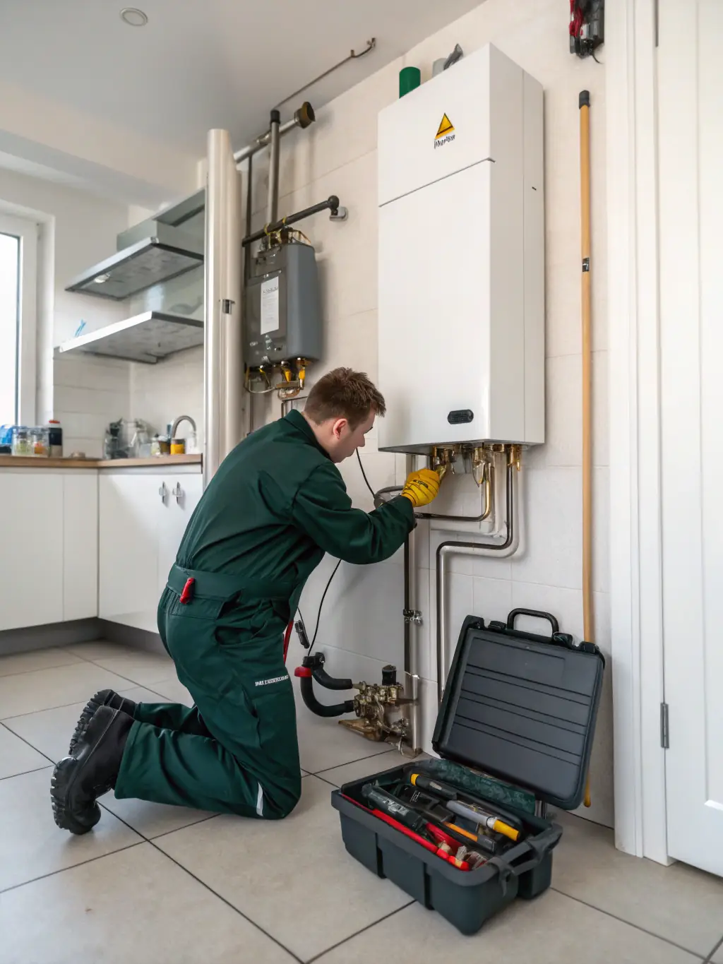 A skilled repairman fixing a complex heating system component, highlighting the company's ability to handle intricate repairs.
