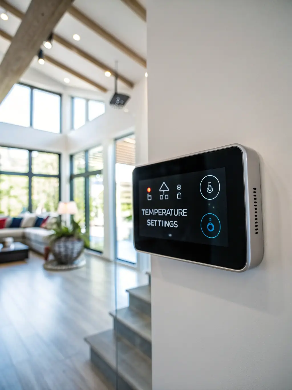 A well-lit photo of a modern thermostat and smart home control panel, showcasing the integration of heating and cooling systems with smart technology.