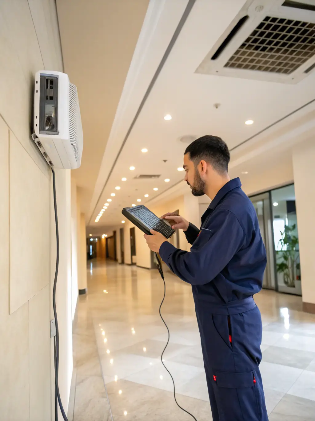 A technician performing maintenance on an air conditioning unit in a commercial building, emphasizing the importance of regular upkeep.