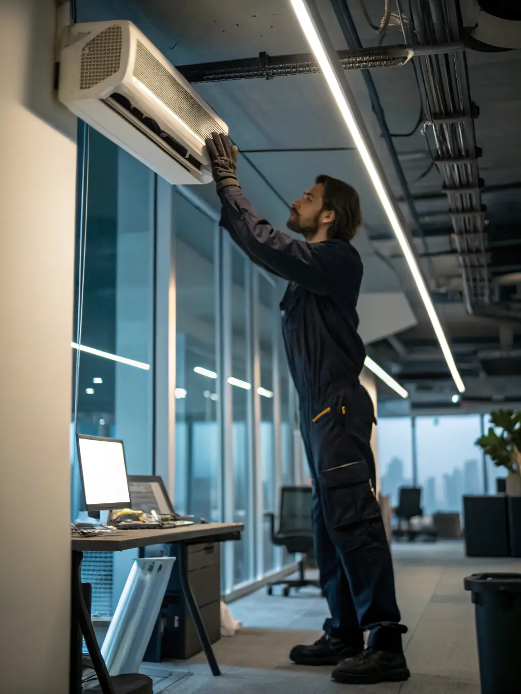 A clear image of a technician servicing a modern air conditioning unit in a commercial office setting, emphasizing the cleanliness and efficiency of the service.